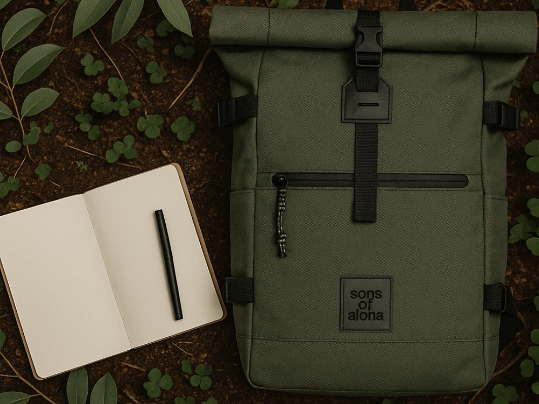 Notizbuch und KANE Rucksack auf Waldboden