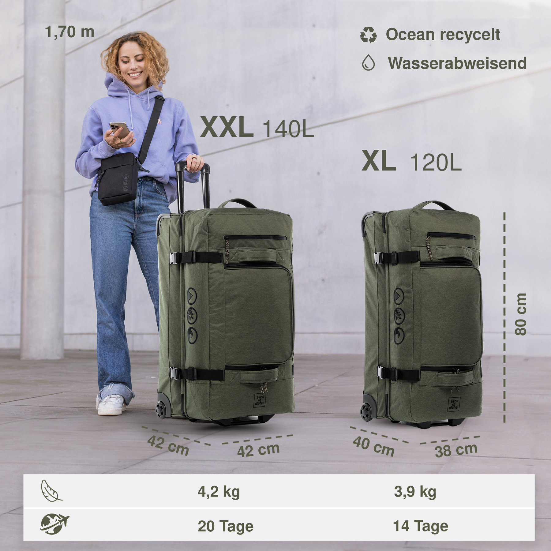 Reisetasche mit 2 Rollen KANE Duffel-Trolley Rollkoffer olive 48993