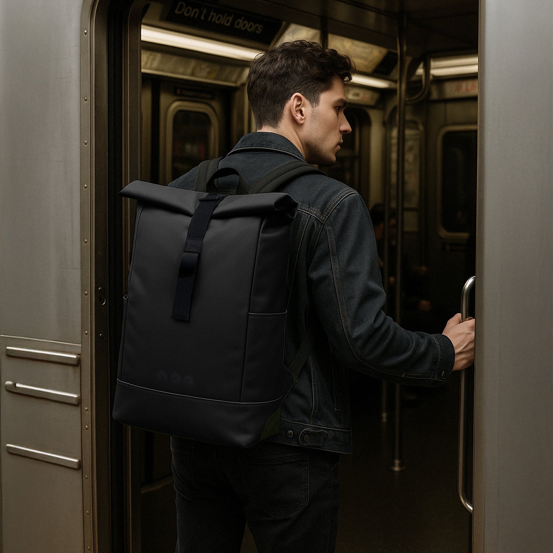 Rolltop Rucksack HOLU schwarz Tragebild Mann mit Rucksack