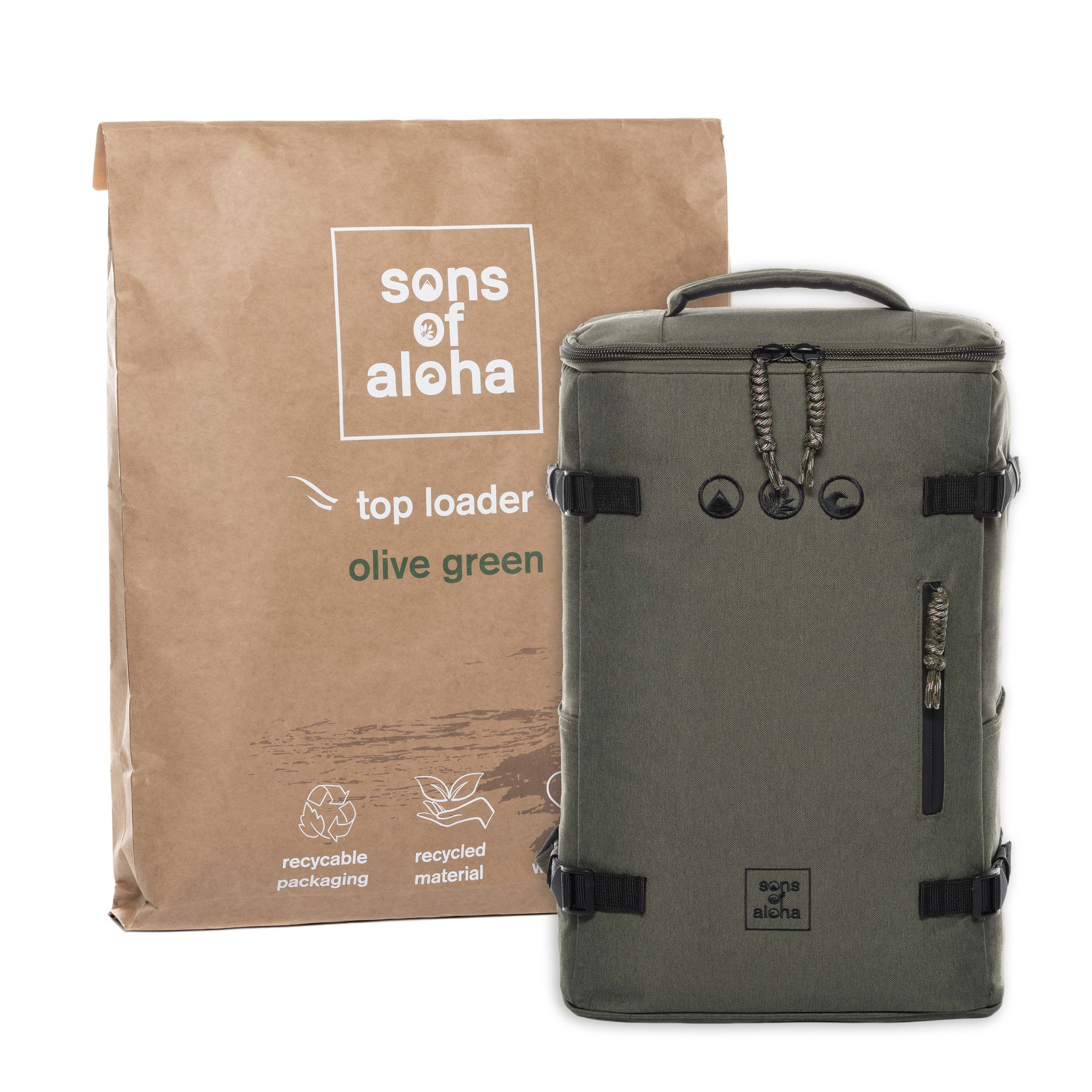 Produktbild Toploader Rucksack KOLOA in olive-gruen frontales Foto mit Versandtasche