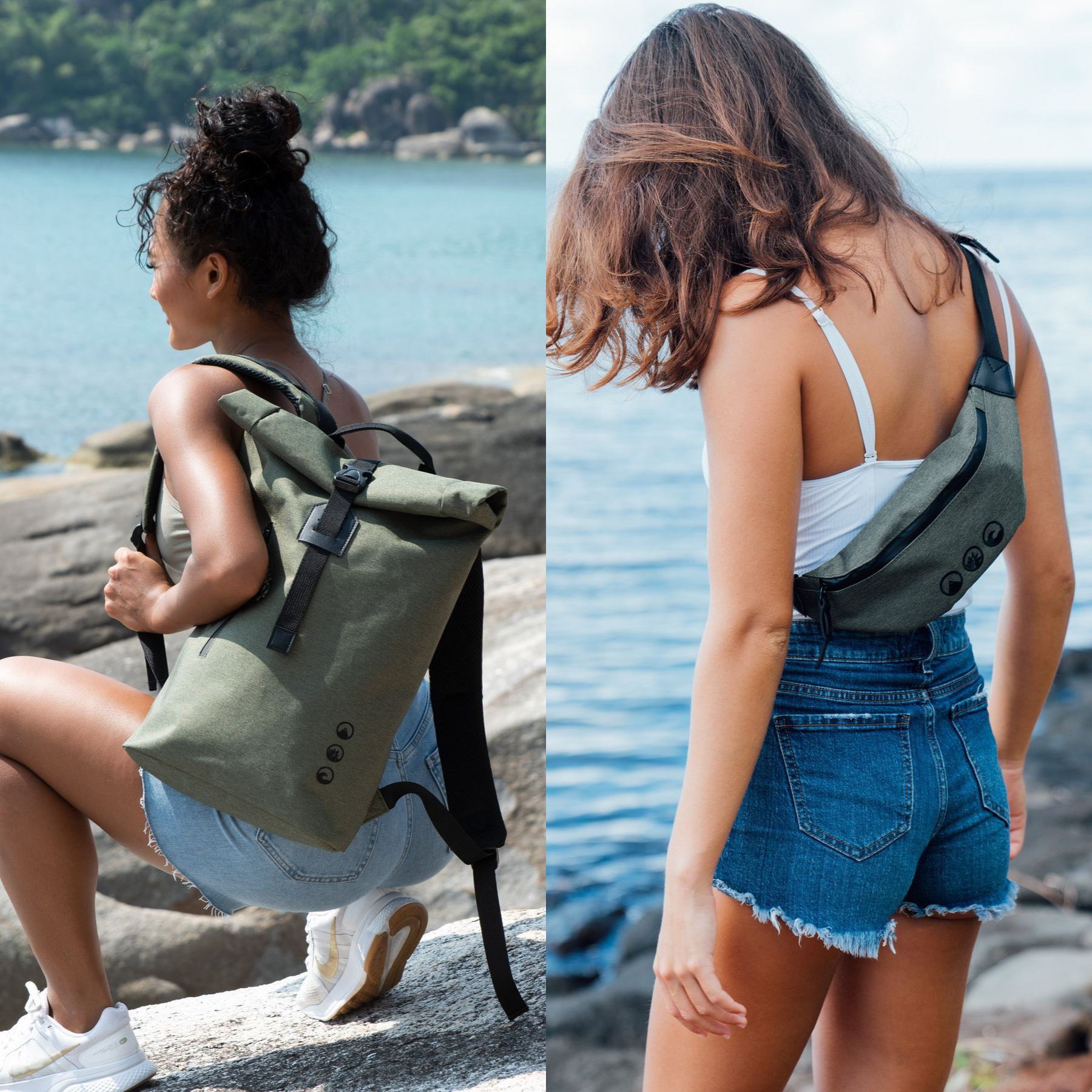 Collage ALANI Set Rucksack und Bauchtasche beide Frauen stehen am Meer