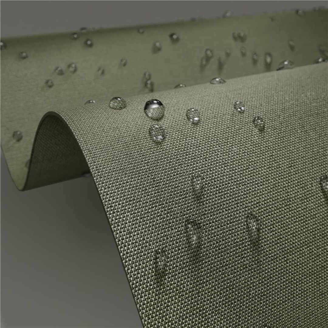 Materialbild wasserabweisend Wassertropfen perlen vom Stoff ab olive-gruen