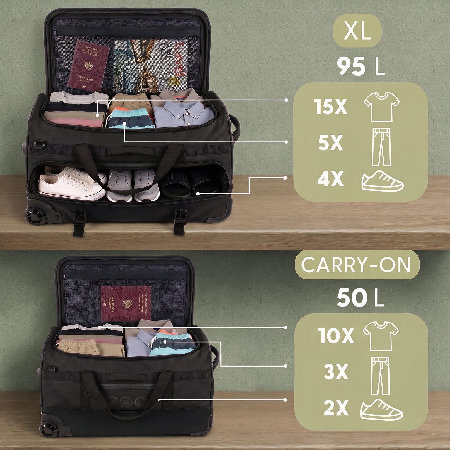 Reisetasche Rucksack Trolley in einem flexibles System Handgepäck schwarz Innen XL